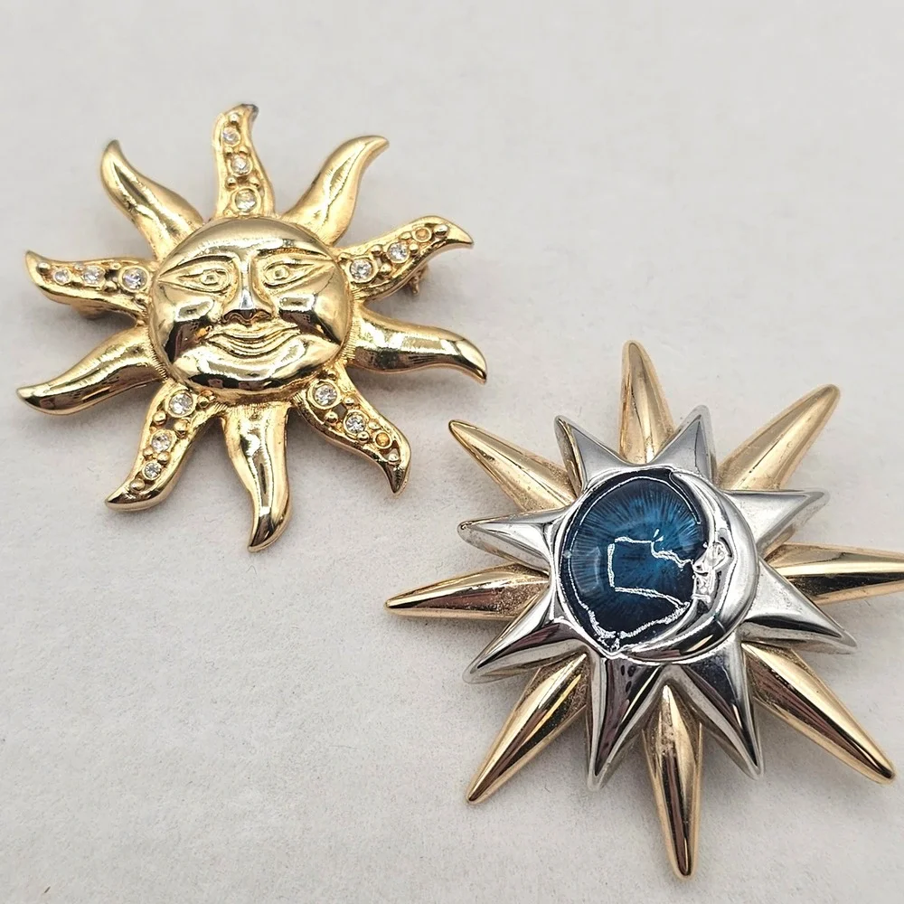 Celestial Sun & Moon Brooch Pin 2pc Gold Silver Tone Blue Enamel Rhinestone